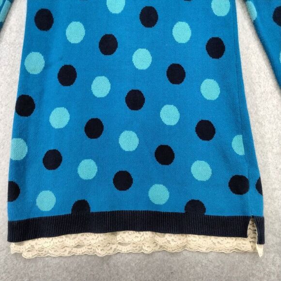 hanna andersson Sweater Dress Girls Size 12 150 Blue Polka Dot Lace Trim Ruffle - Picture 3 of 12